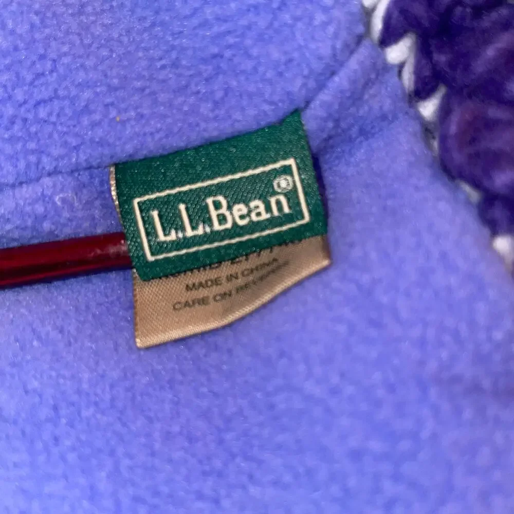 LL Bean Kids Medium Beanie Hat Blue Purple Knit Pom Fleece Lined Winter Ski Cap